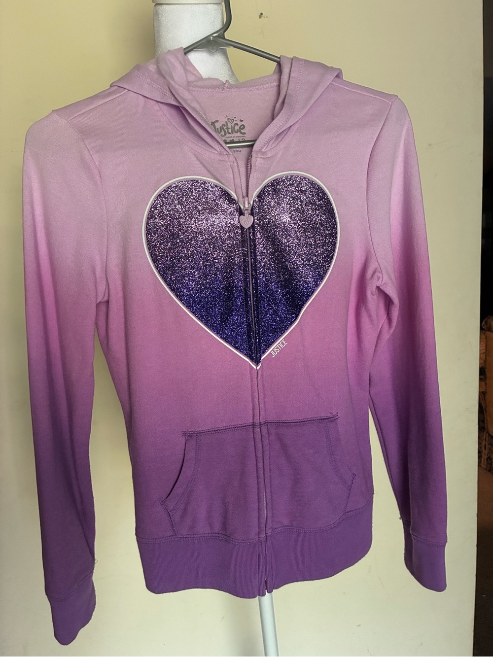 Justice Girls Purple Ombre Full Zip Hoodie Sz 12 Glitter Heart Graphic
